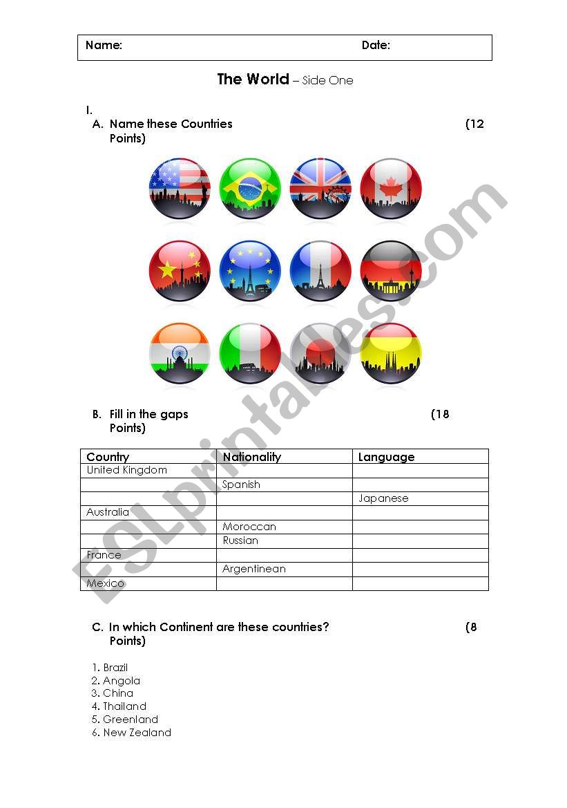 The World - Countries worksheet