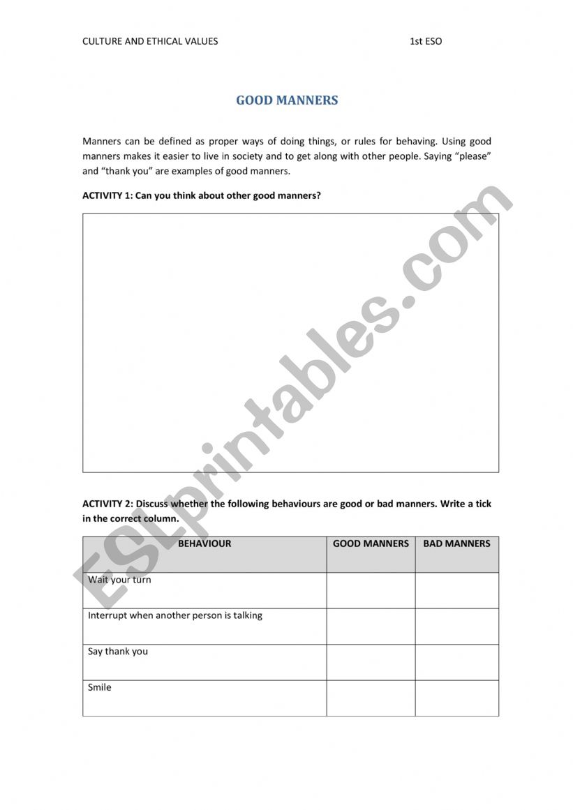 GOOD MANNERS worksheet