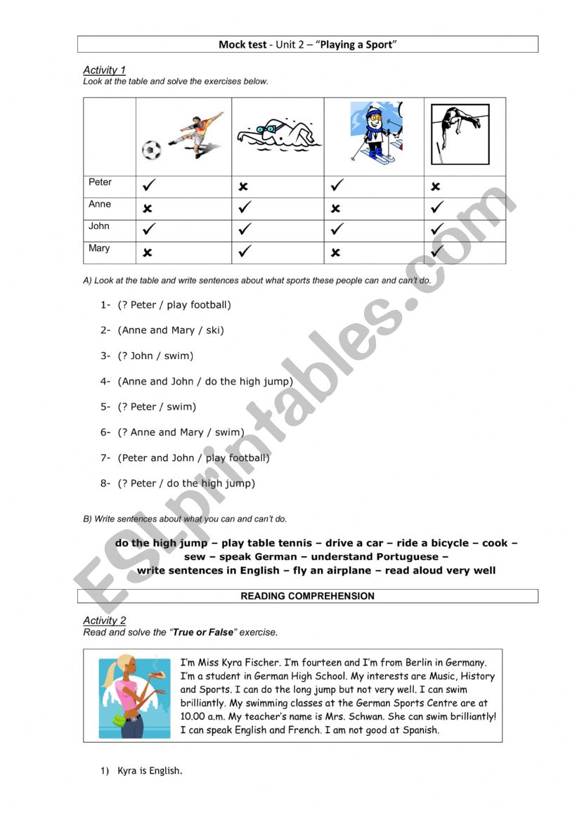 Abilities and availability. worksheet