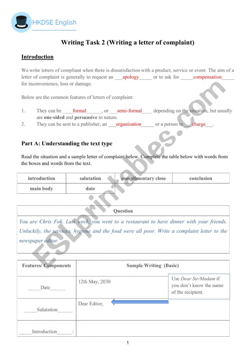 Letter of complaint worksheet