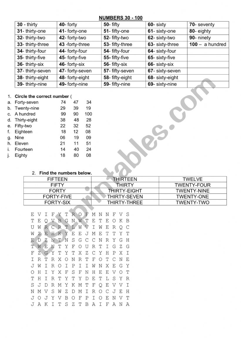 NUMBERS 30-100 worksheet