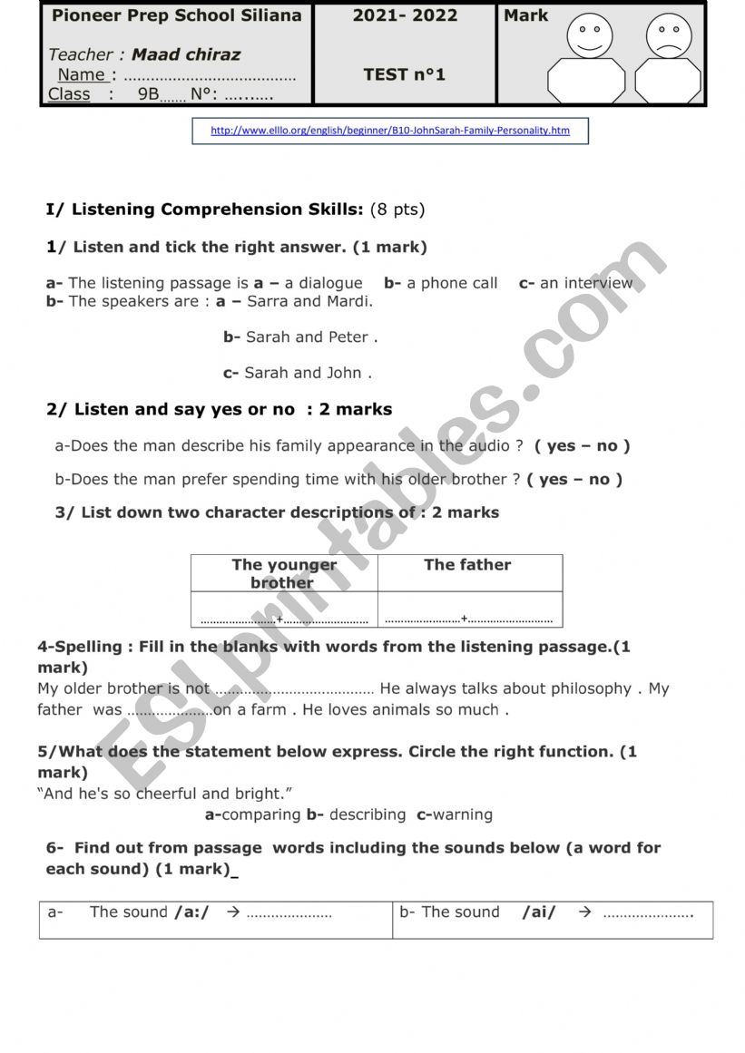 mid test 1 for 9th graders  worksheet