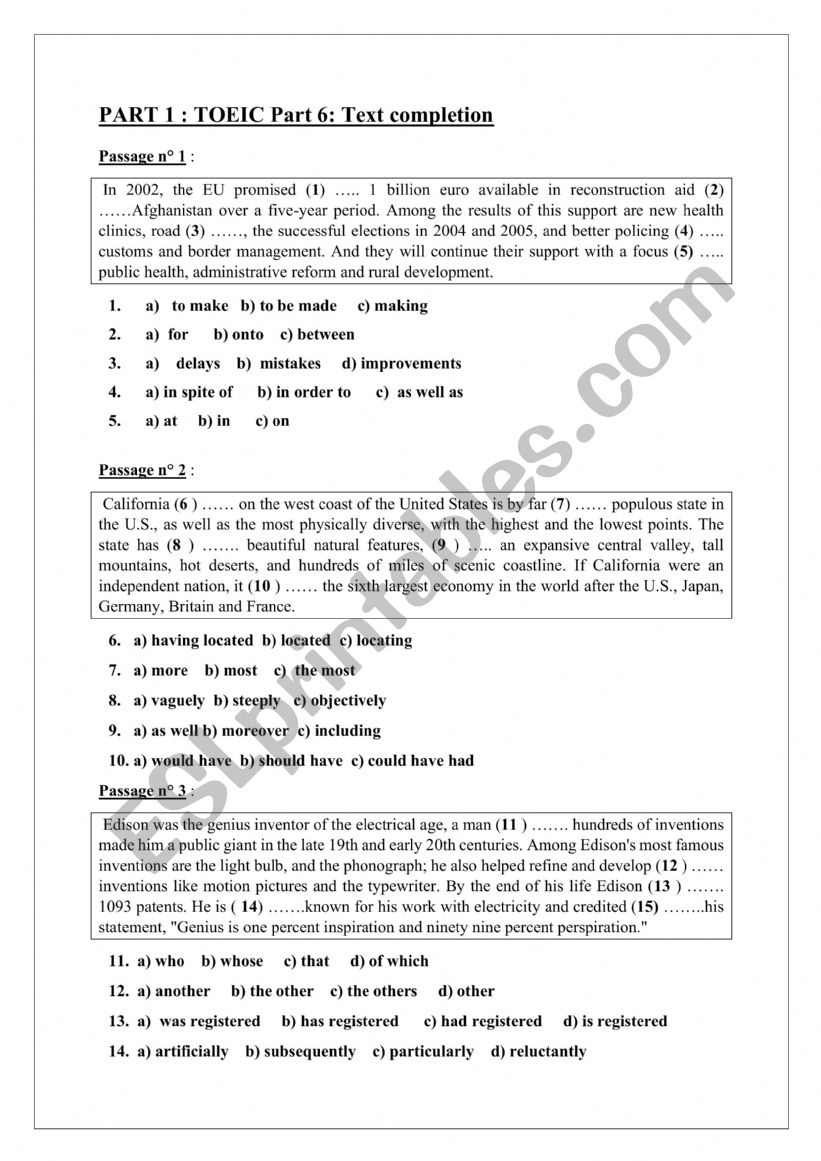 TOEIC PART 5 AND 6 worksheet