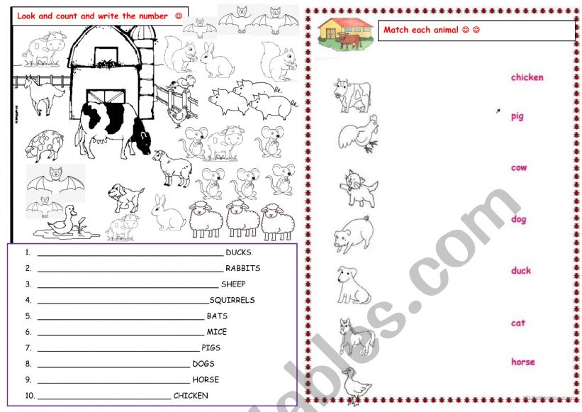 FARM ANIMALS AND NUMBERS worksheet