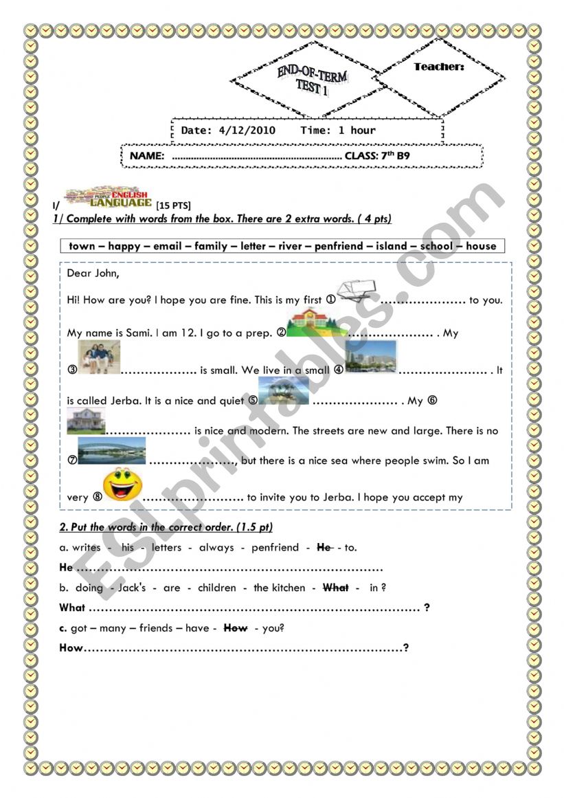 end term test 1   grade 7 worksheet