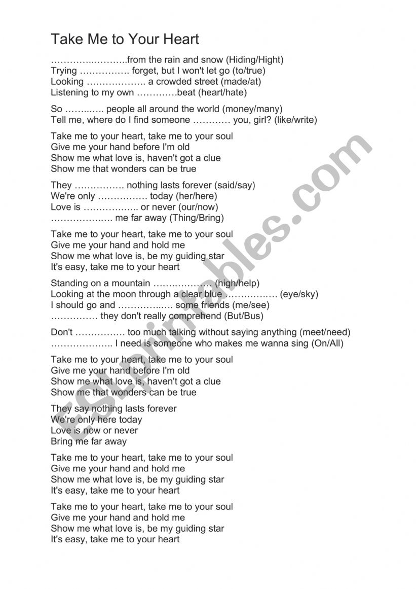Take me to your heart lyrics esl worksheet by iiitaoiii