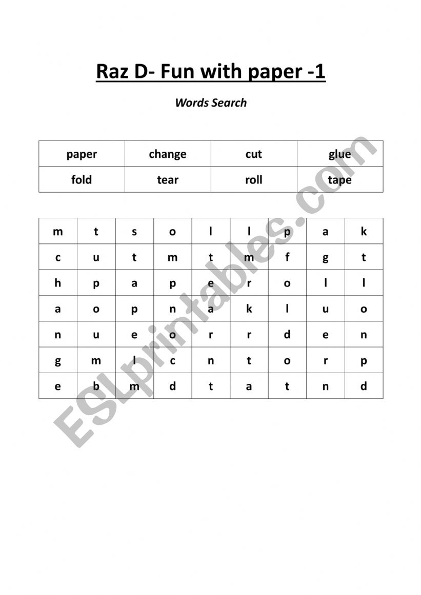 Fun with paper word search worksheet
