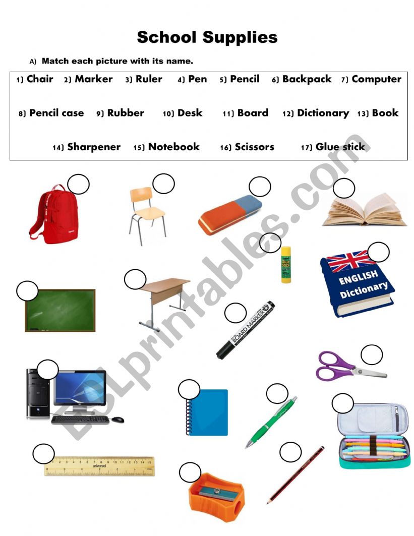 School supplies worksheet