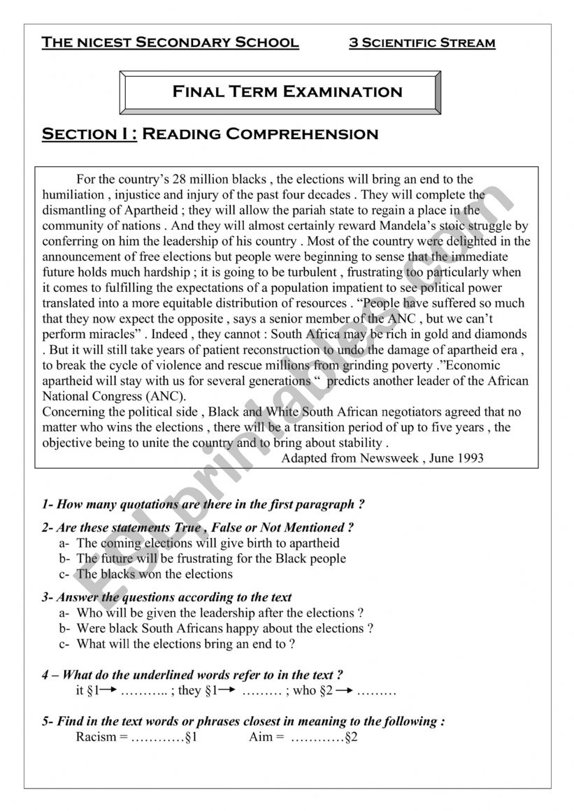 Mock Exam - Racism worksheet