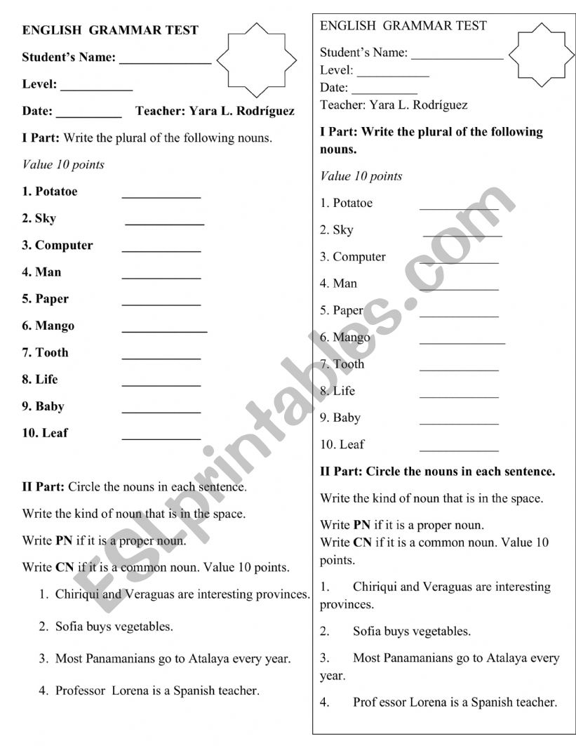 NOUN TEST worksheet