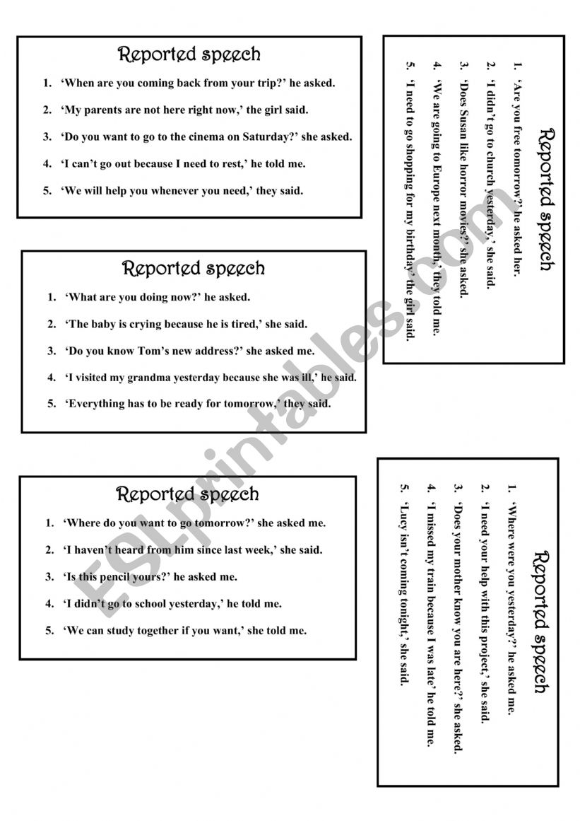 Reported speech speaking cards