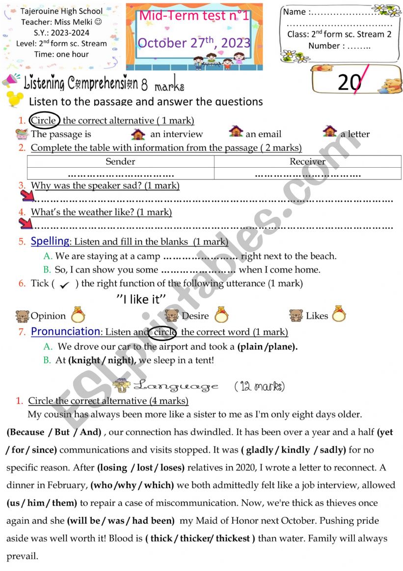 mid term test 2nd form science stream