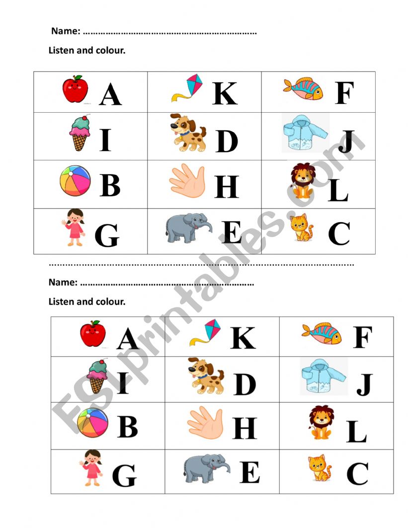 Listen and colour from A-L worksheet
