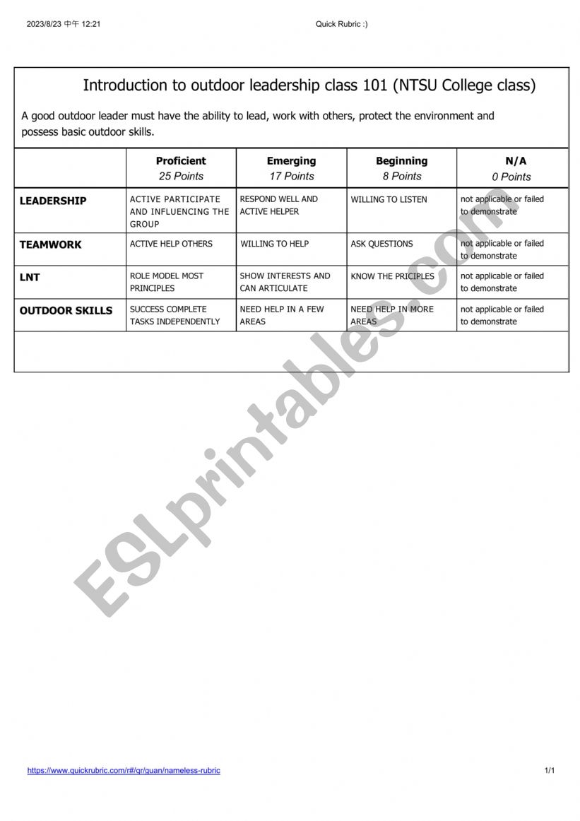 outdoor leadership worksheet