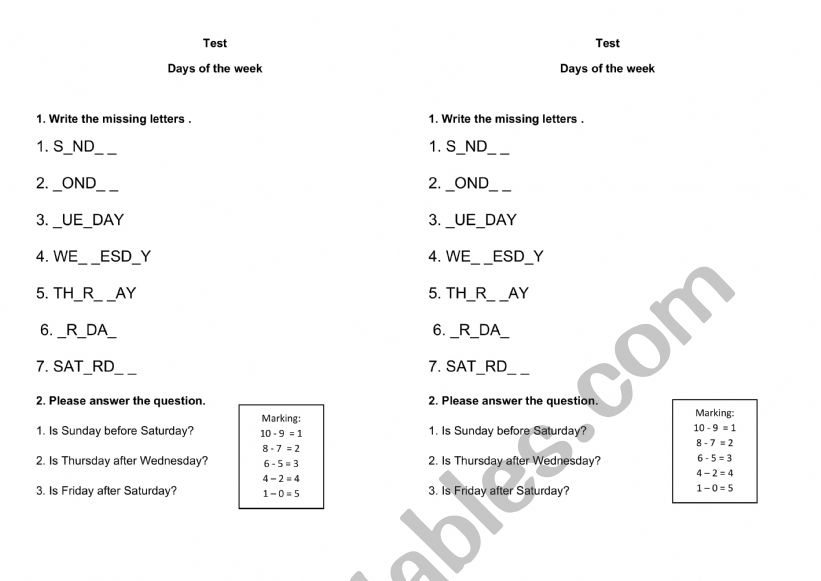 Days of the week test worksheet