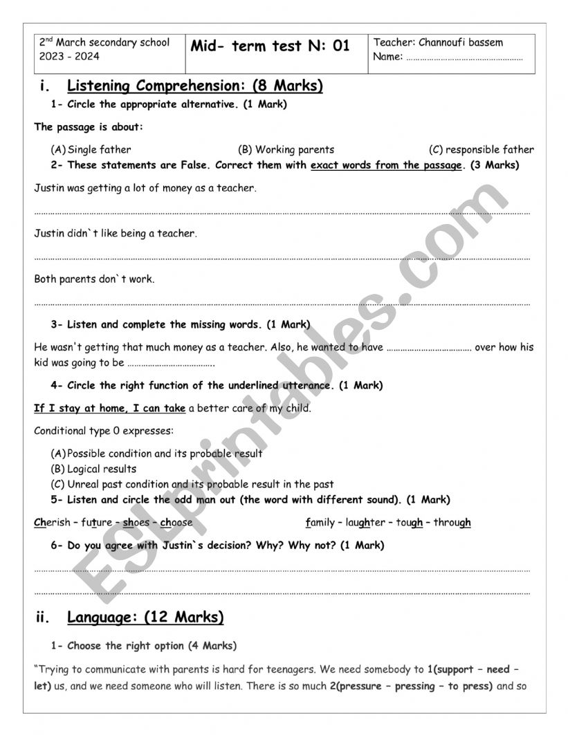 3rd form Sports mid test 1(A) worksheet