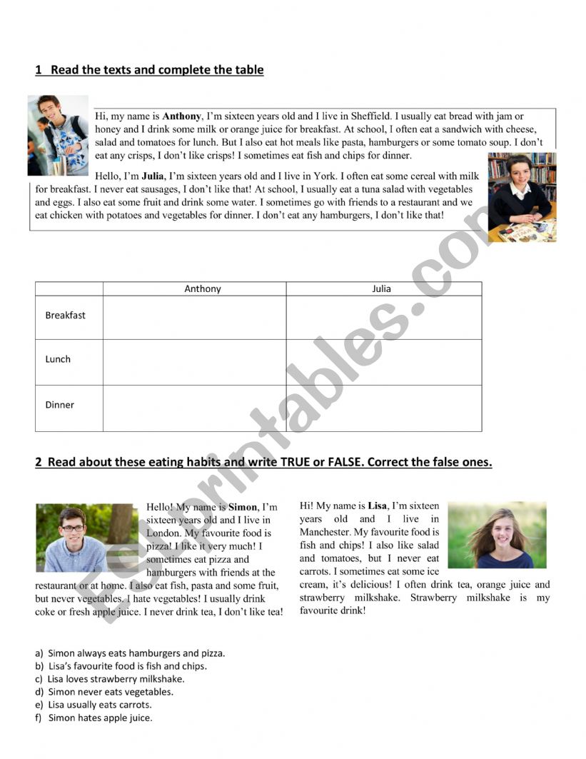 Eating habits test worksheet