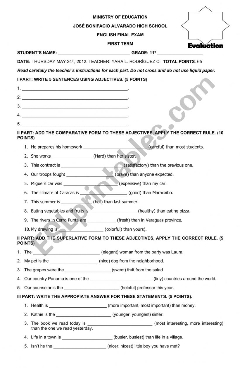 ADJECTIVE EXAM  worksheet