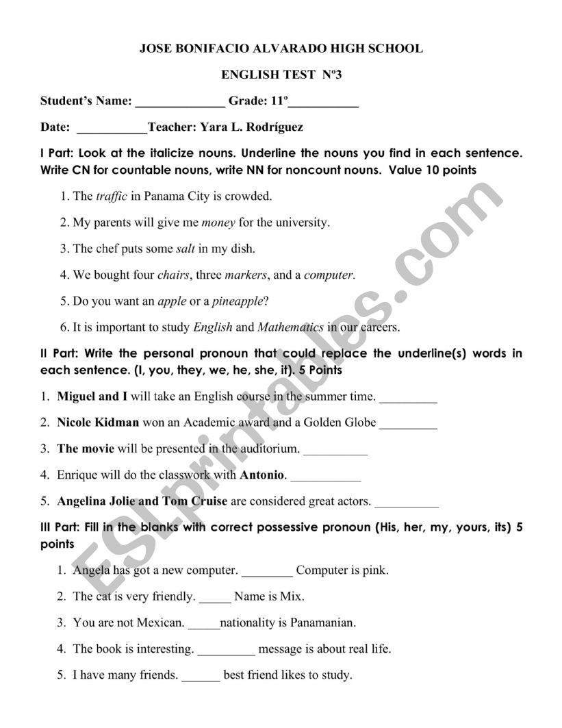 NOUN CLASSWORK  worksheet