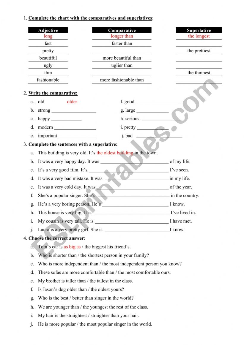 Comparatives and superlatives worksheet