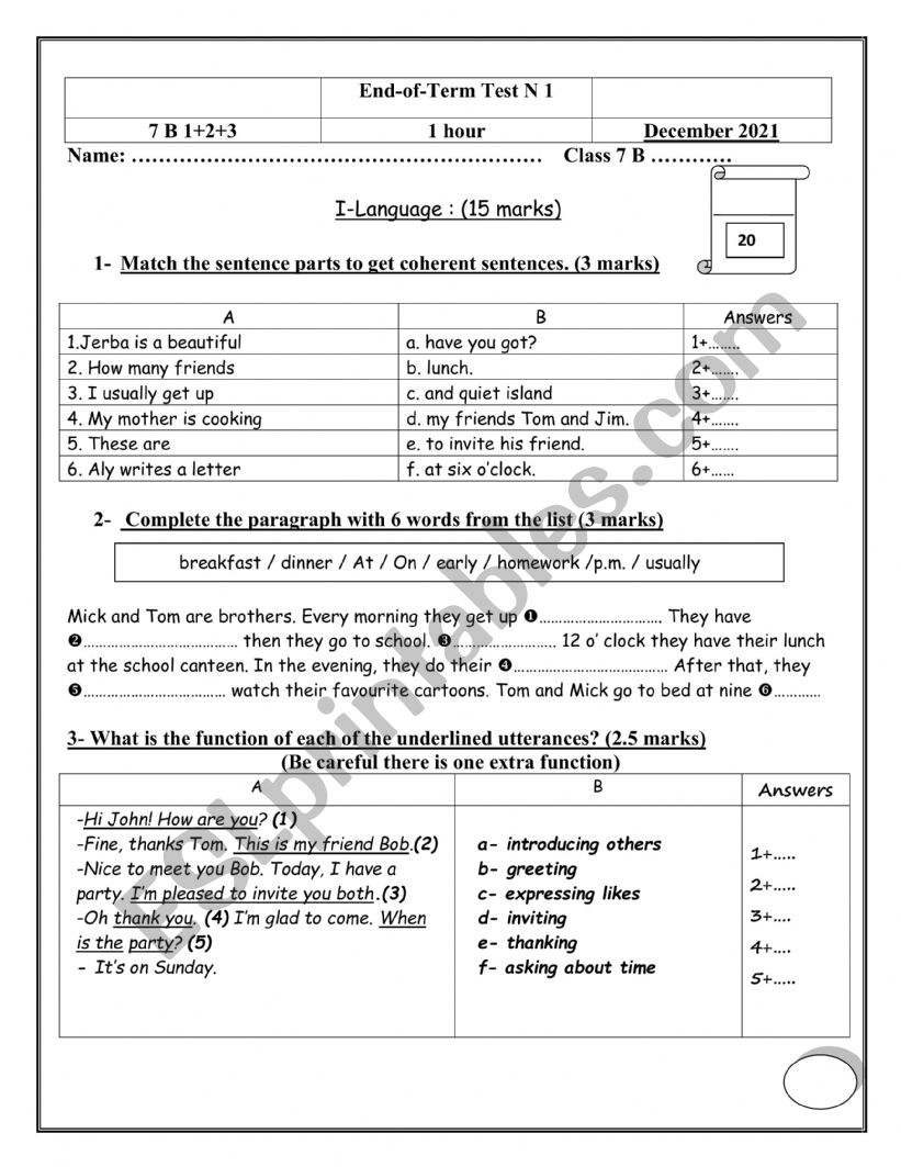 7th Form Mid-term Test 1 worksheet