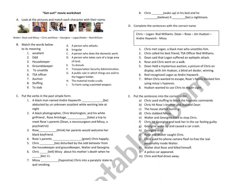 GET OUT MOVIE worksheet