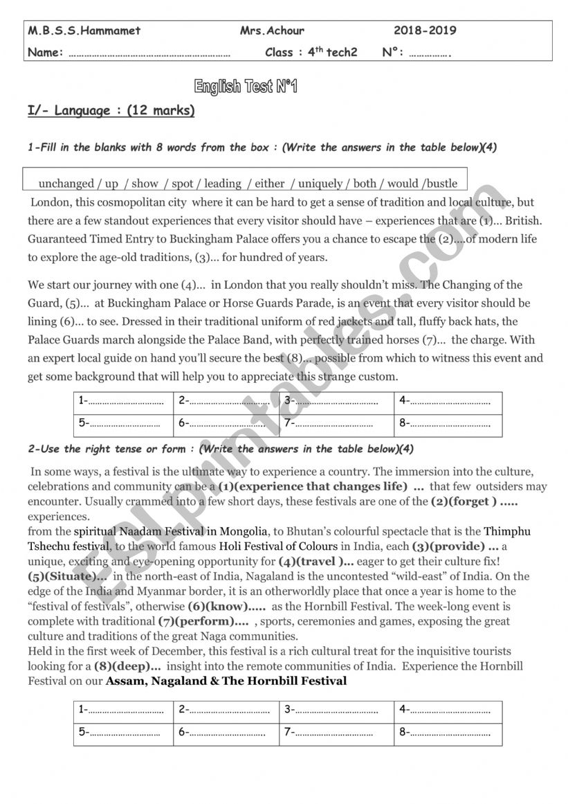 Mid -term tests (4th Forms )  worksheet