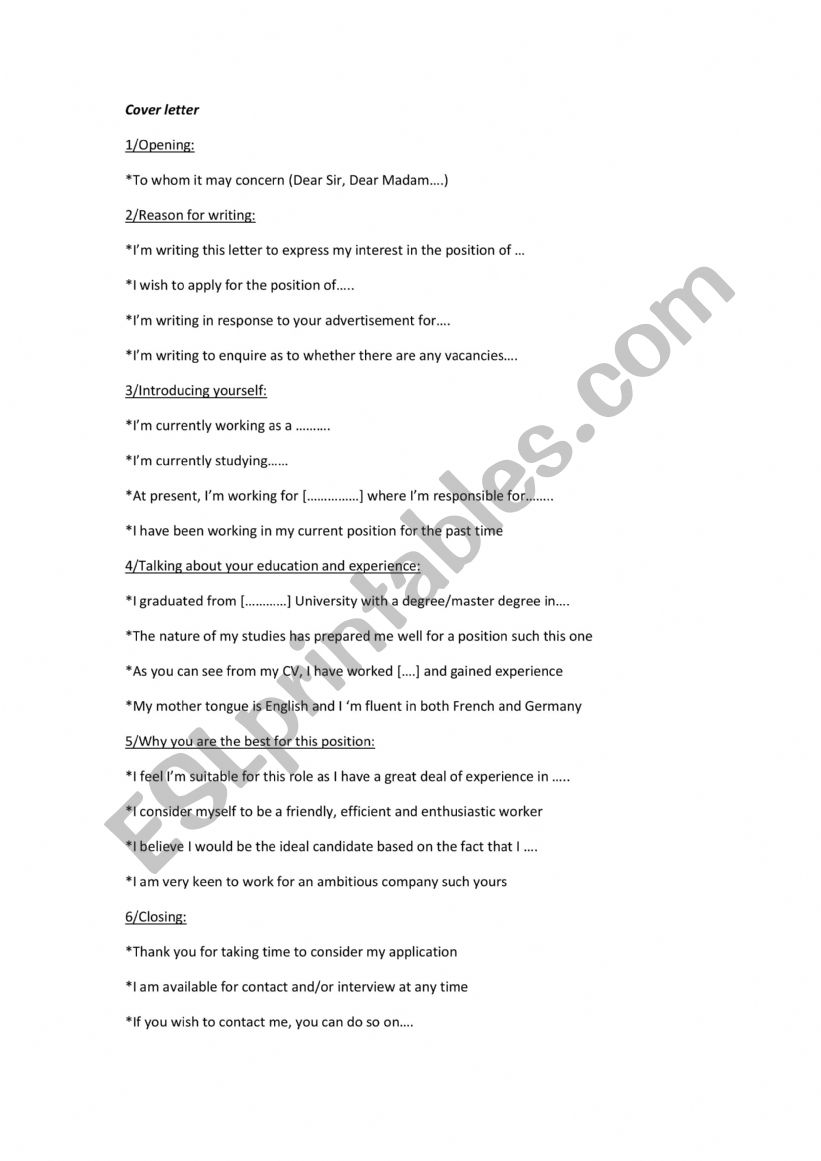Job application worksheet