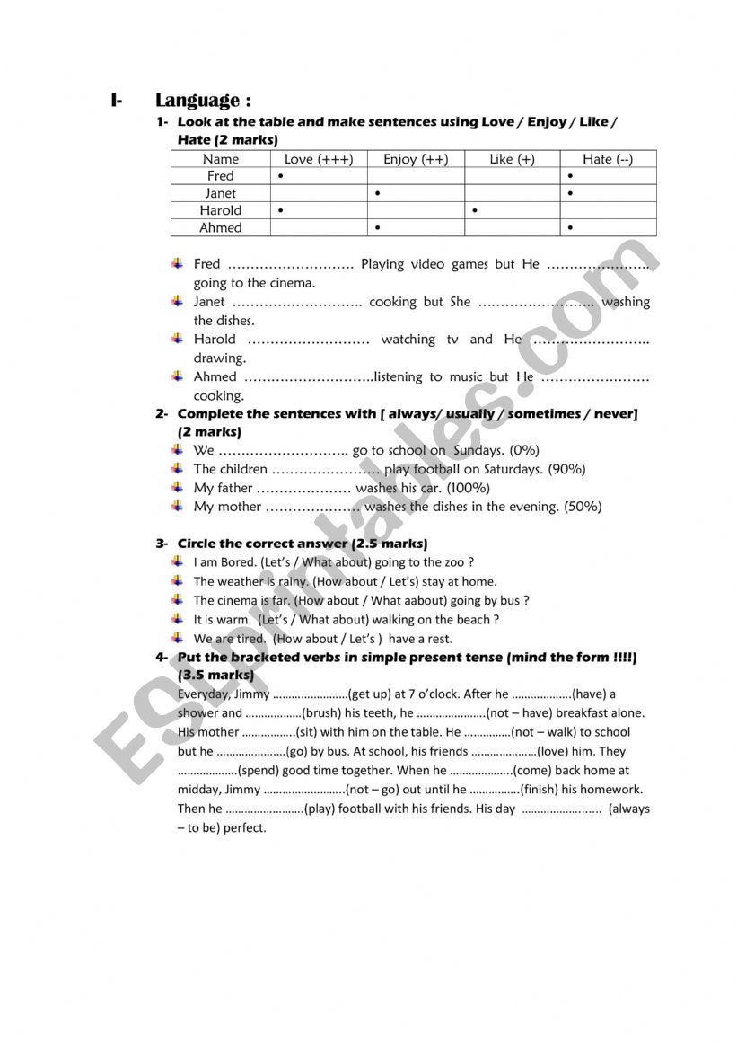 Language Activity 7th from worksheet