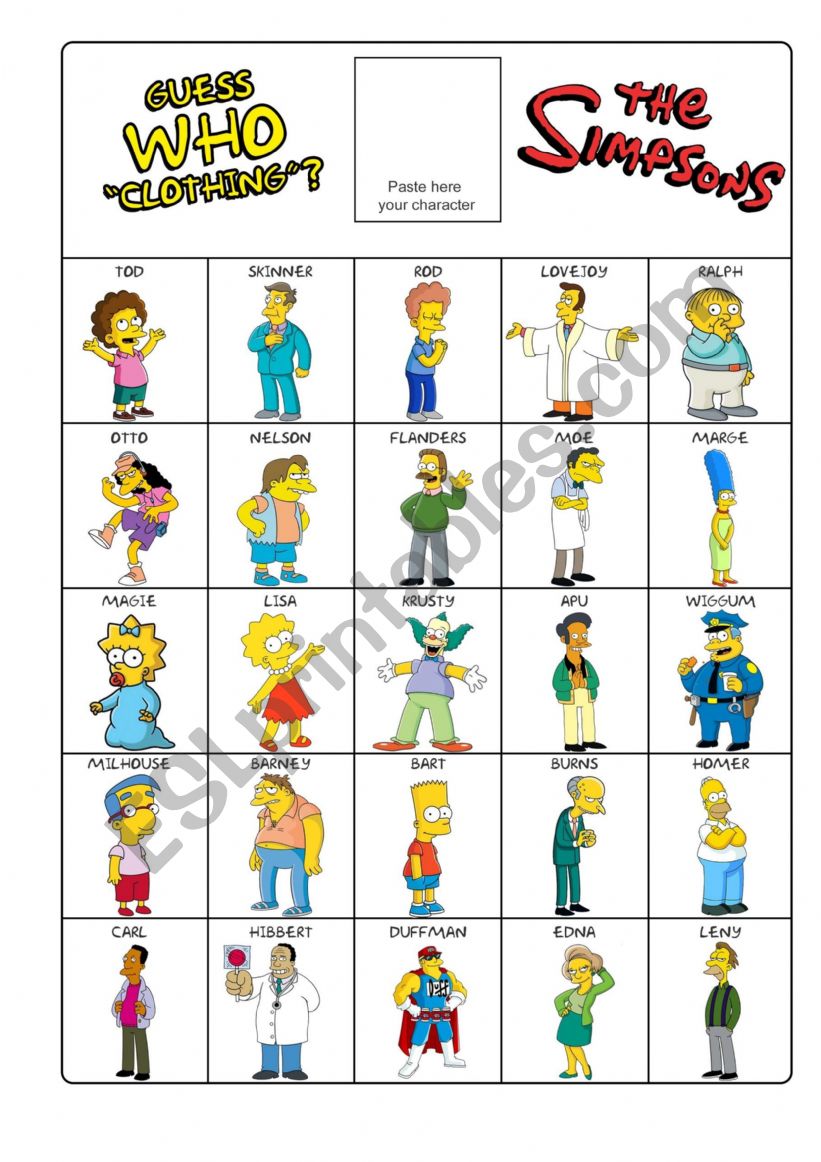 Guess who? Simpsons worksheet