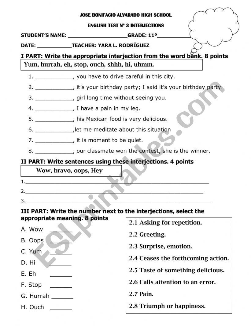 INTERJECTION TEST  worksheet