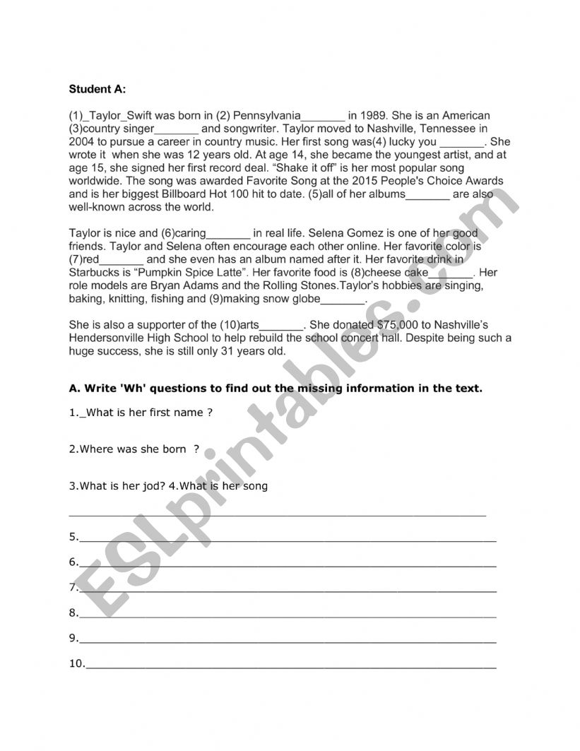 Wh Question worksheet