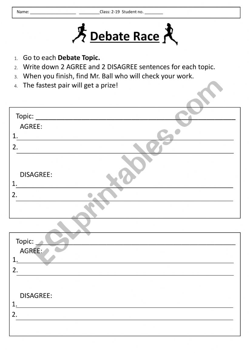 Debate Race Worksheet worksheet