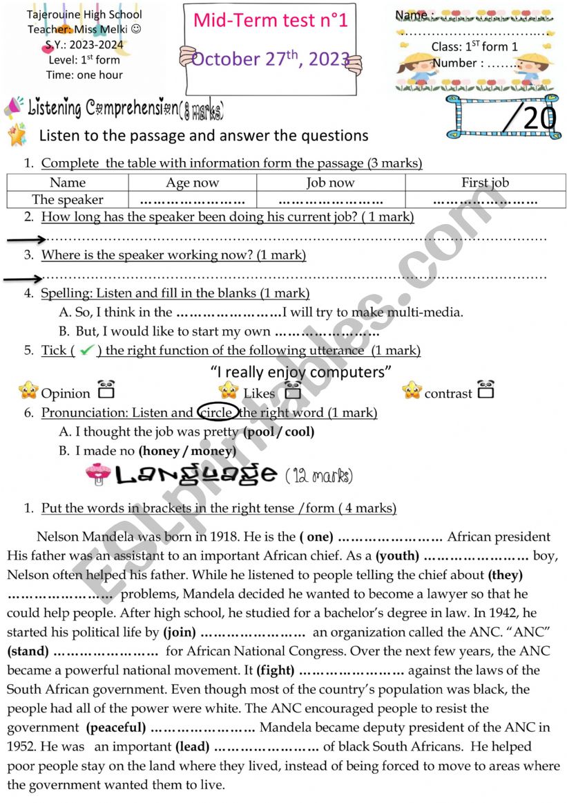 Mid term test 1 for 1st form worksheet