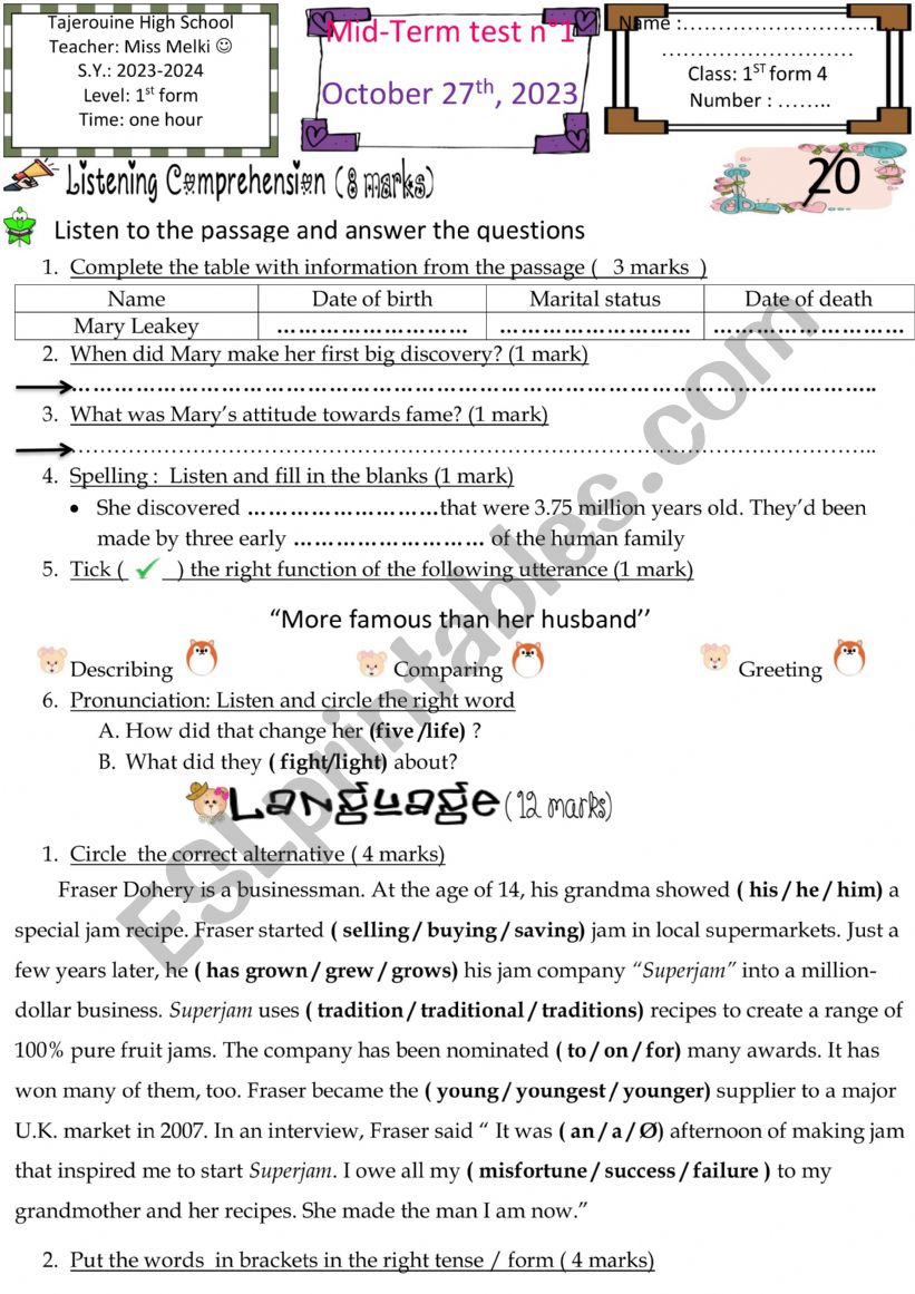 1st form mid term test 1 worksheet