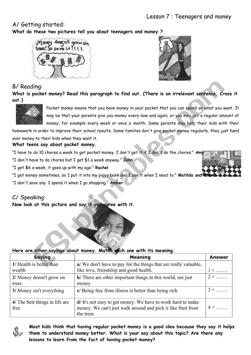pocket money worksheet