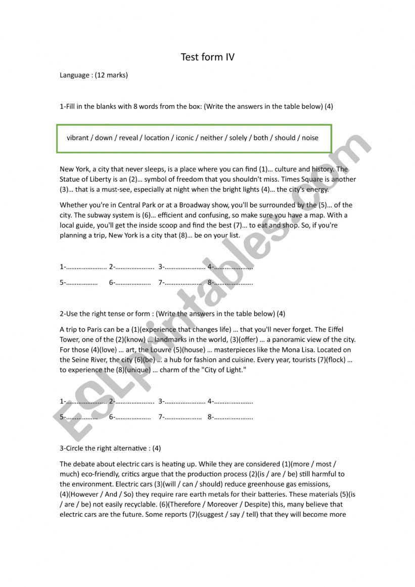 Test form IV worksheet
