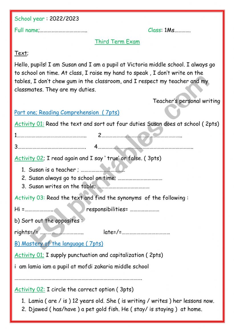 rights and duties  worksheet