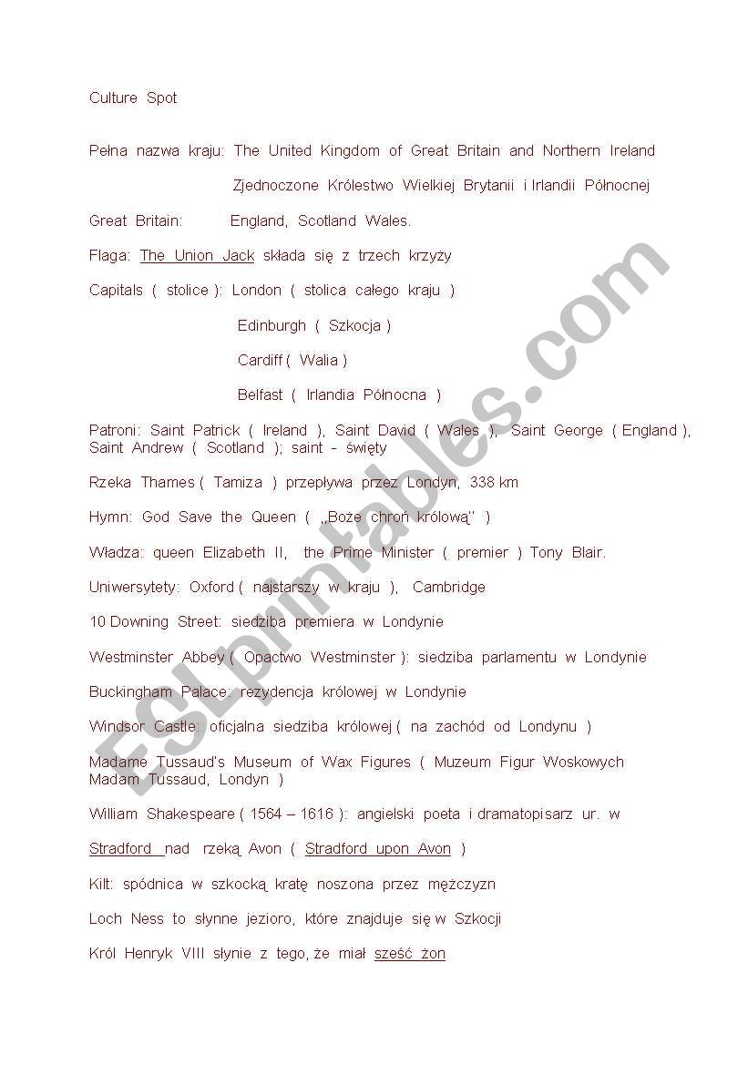 Culture Spot  worksheet