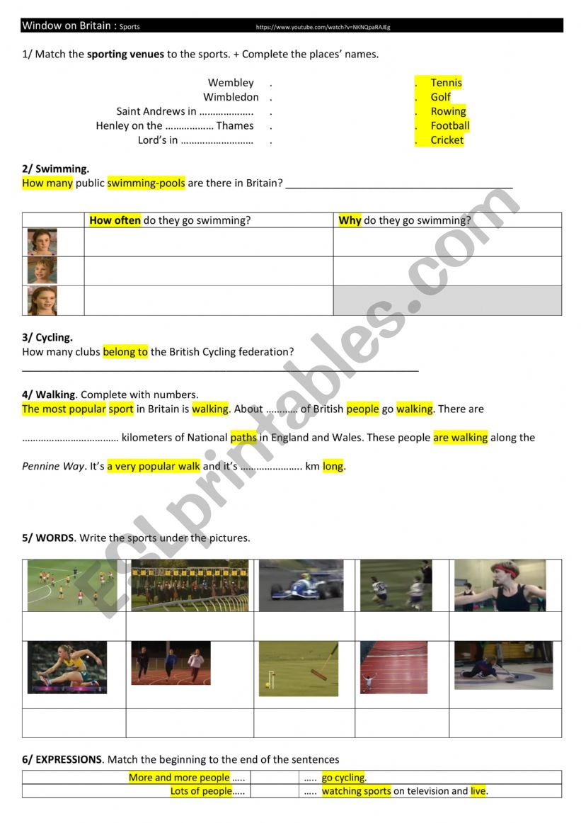 Sports- window on britain DYS worksheet
