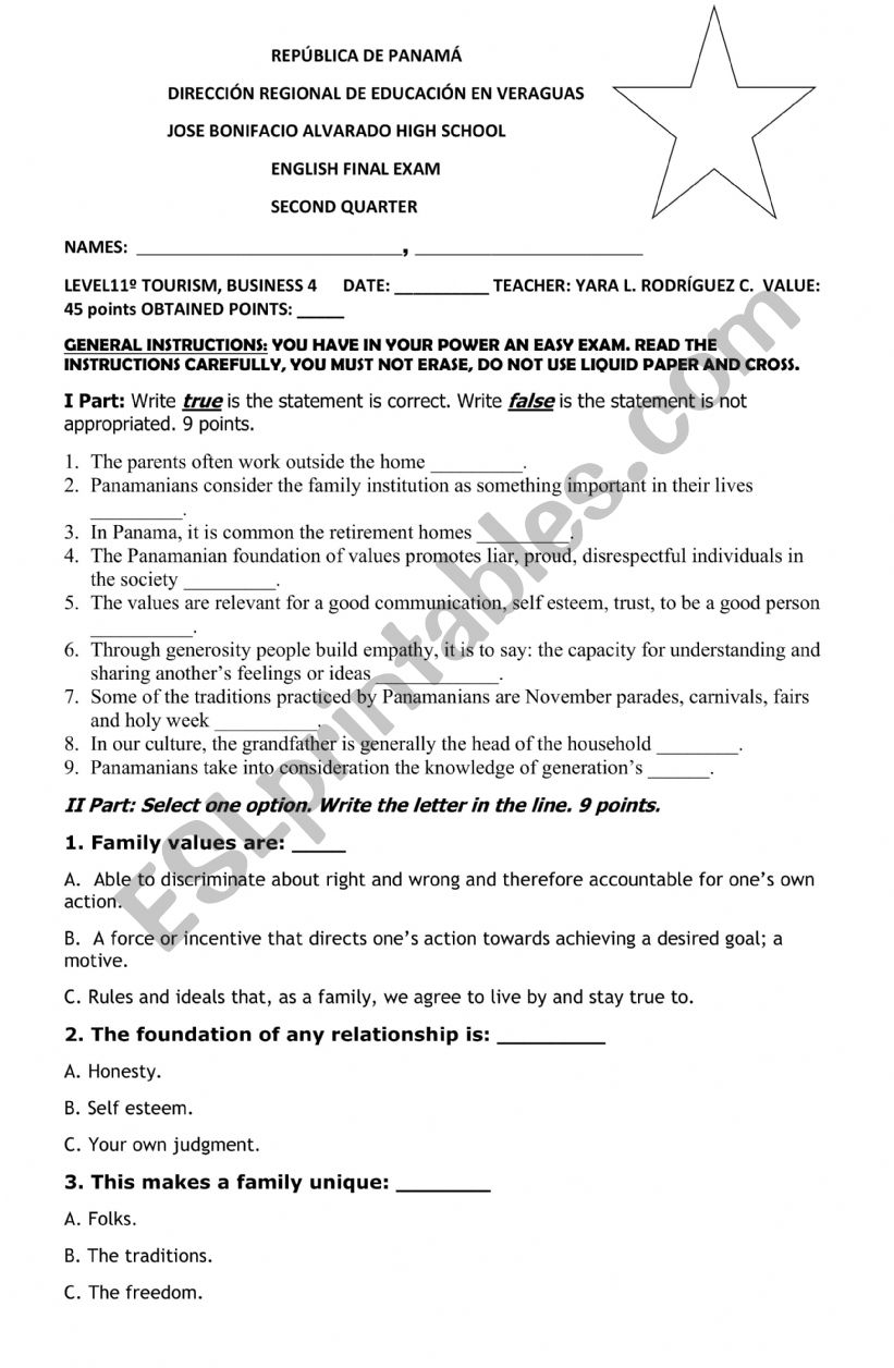 TERM TEST ABOUT FAMILY  worksheet