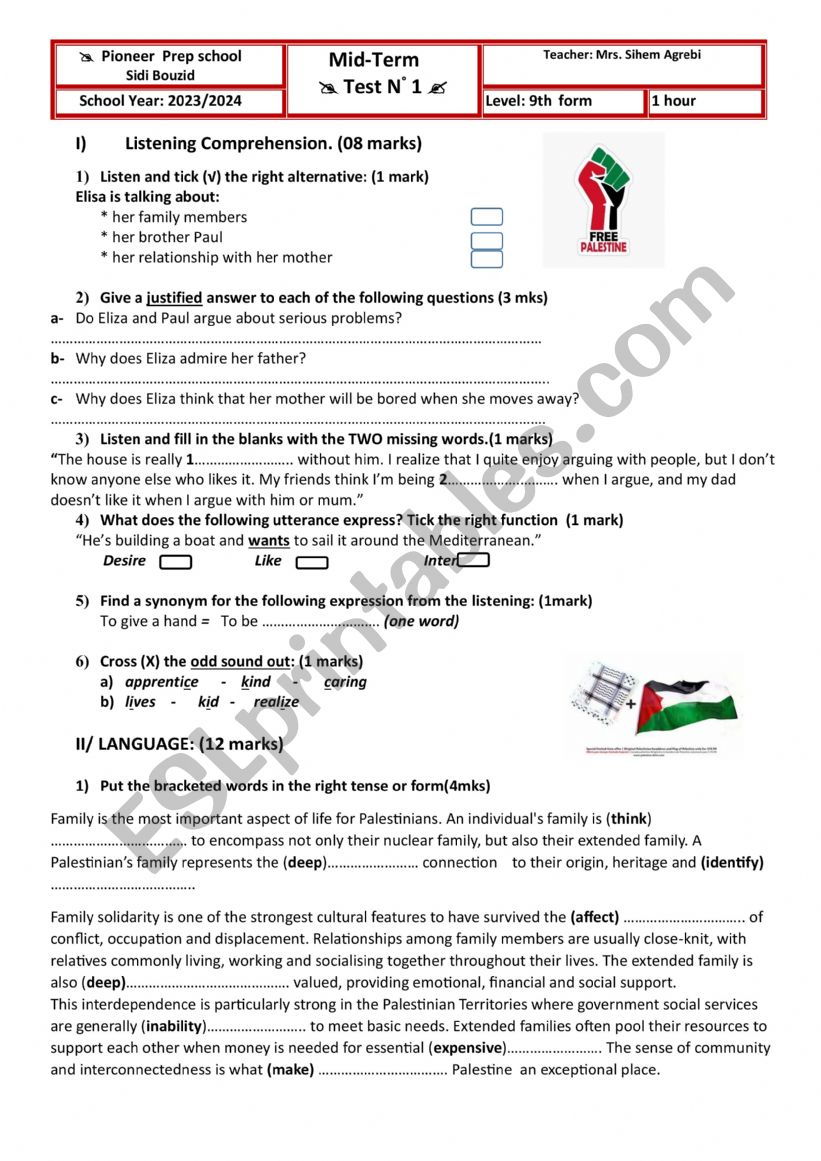 Mid-term 1 test  9th form  worksheet