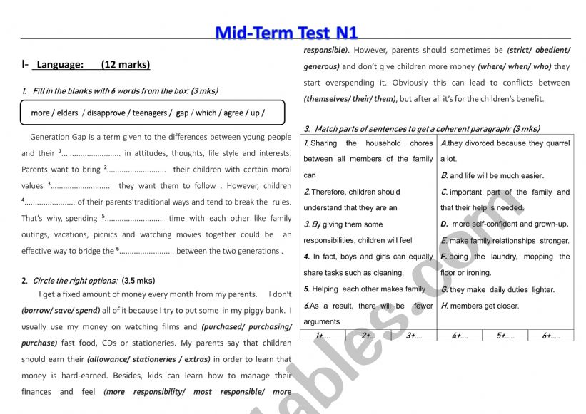 Test1 9th form worksheet