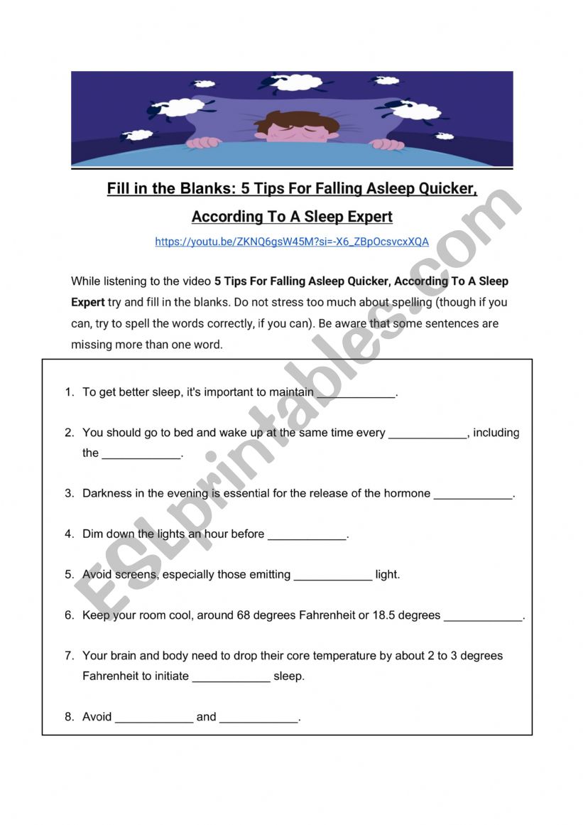Tips for Falling Asleep worksheet