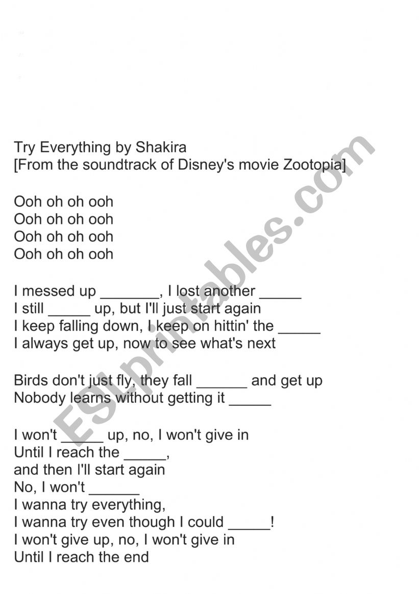 Try Everything by Shakira worksheet