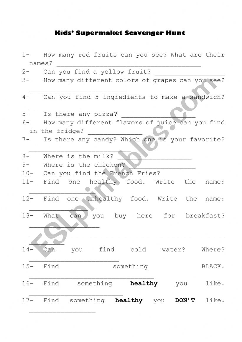 SUPERMARKET SCAVENGER HUNT worksheet