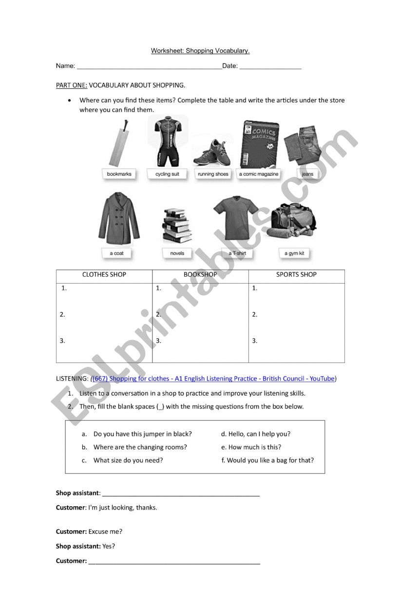 Shopping vocabulary. worksheet