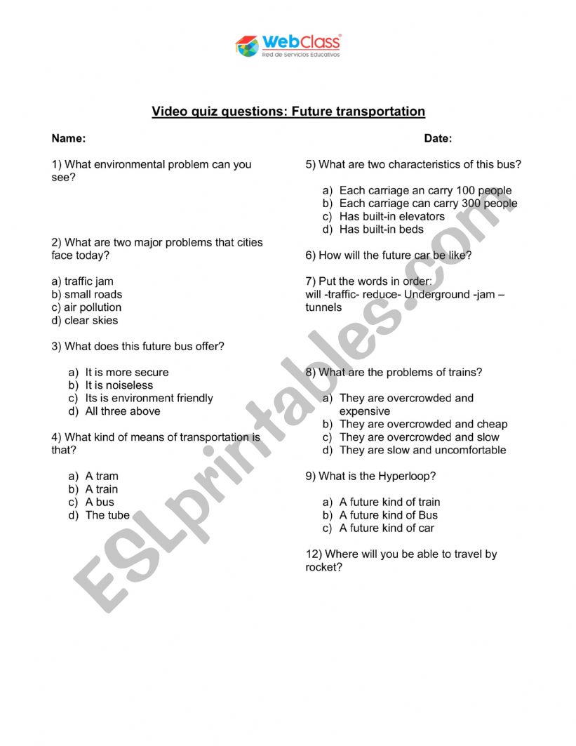 quiz future transportation  worksheet