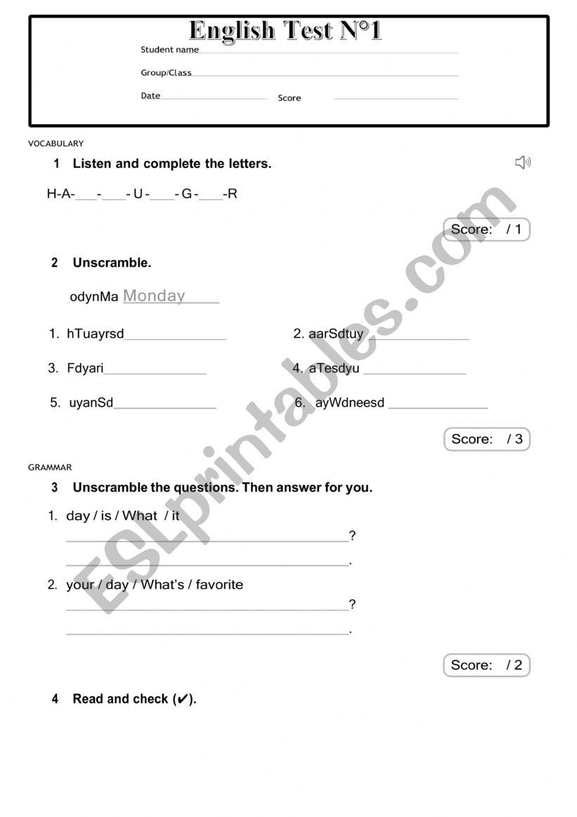 1st Test . Happy campers 2  worksheet