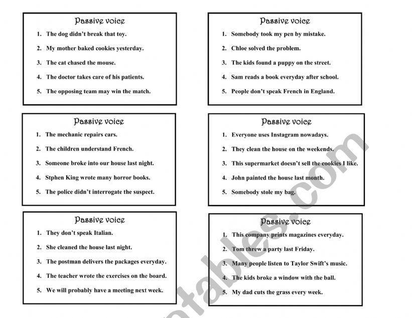 Passive voice speaking cards worksheet
